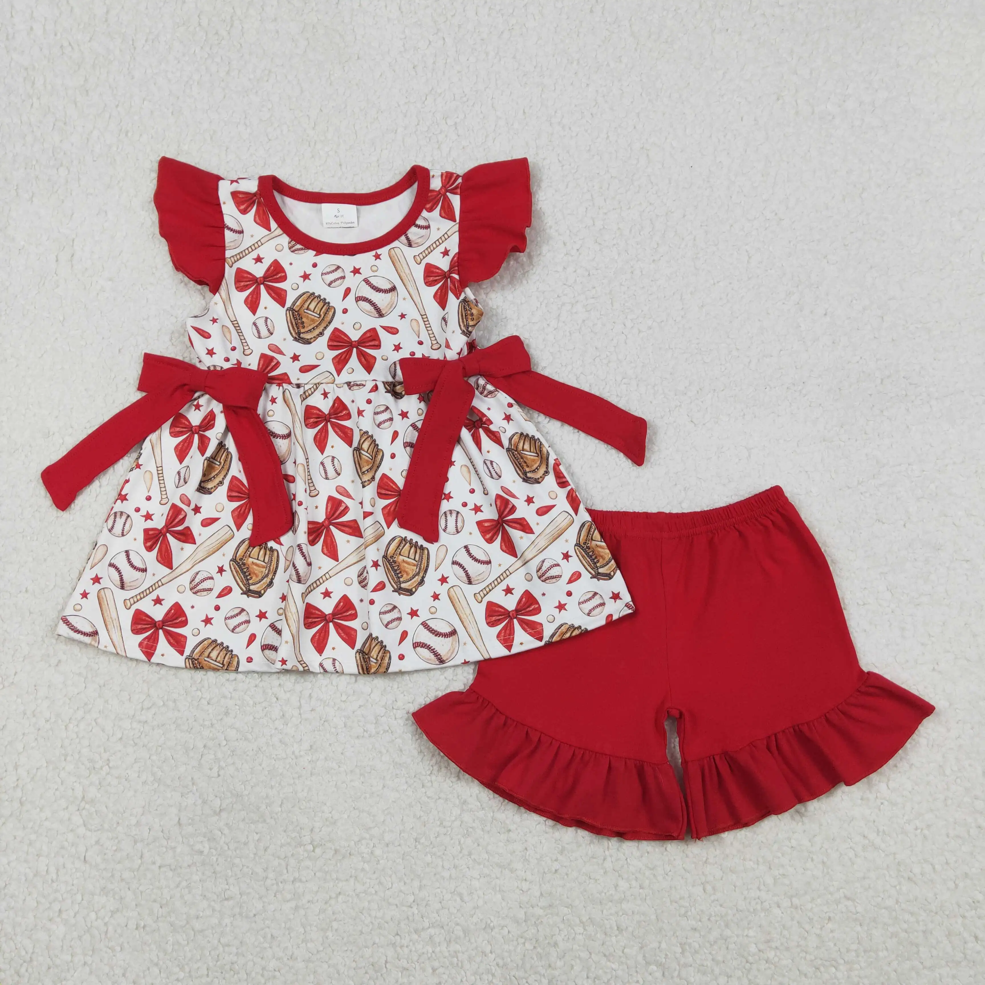 

z0112-05 GSSO3058 Wholesale Boutique kids clothes girls bow red short sleeve shorts Set Summer Children clothing