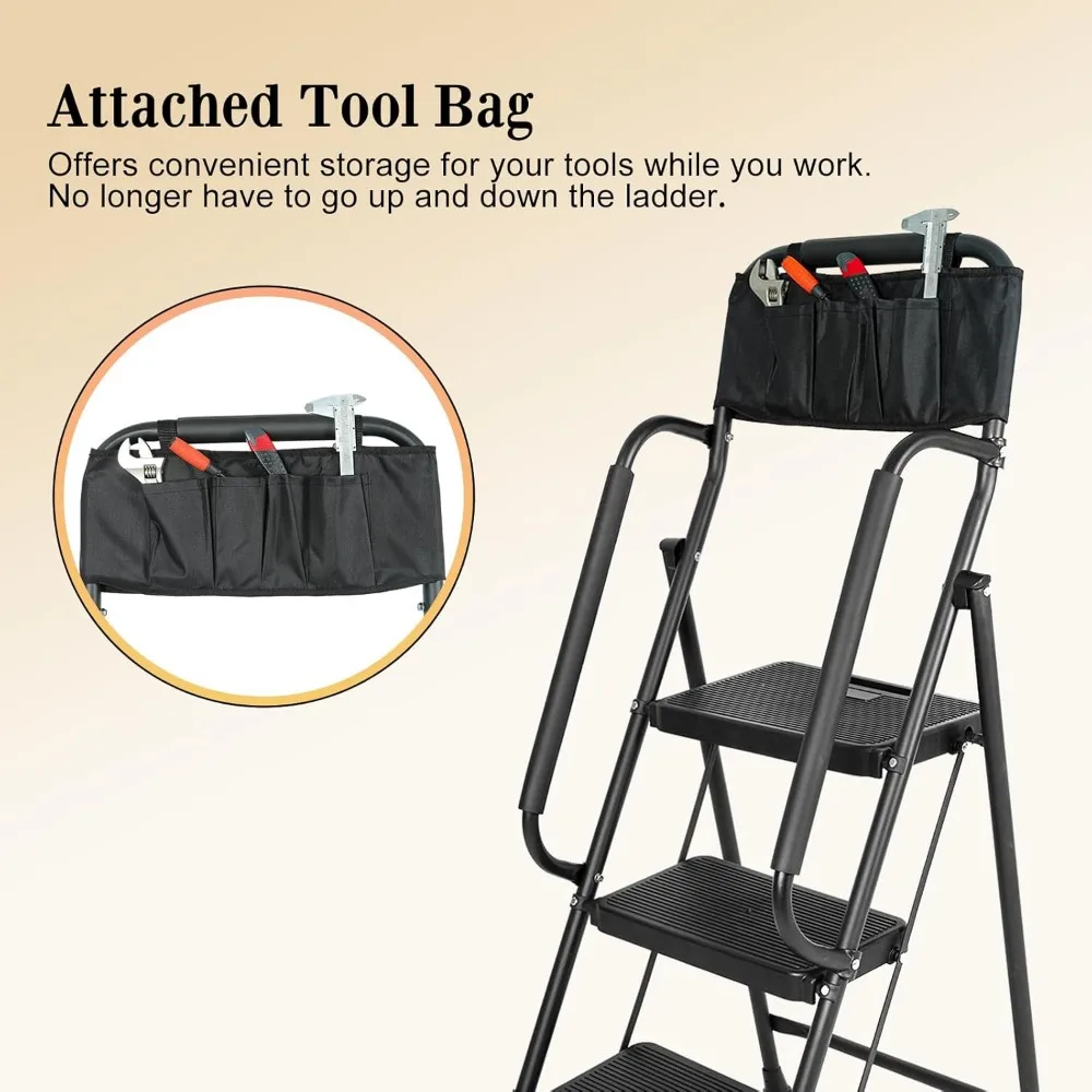 مقعد متدرج قابل للطي عالي التحمل مع دواسات واسعة مضادة للانزلاق، ودرابزين أمان، وسعة 500 رطل، وسلم من 3 خطوات للمنزل والورش #3