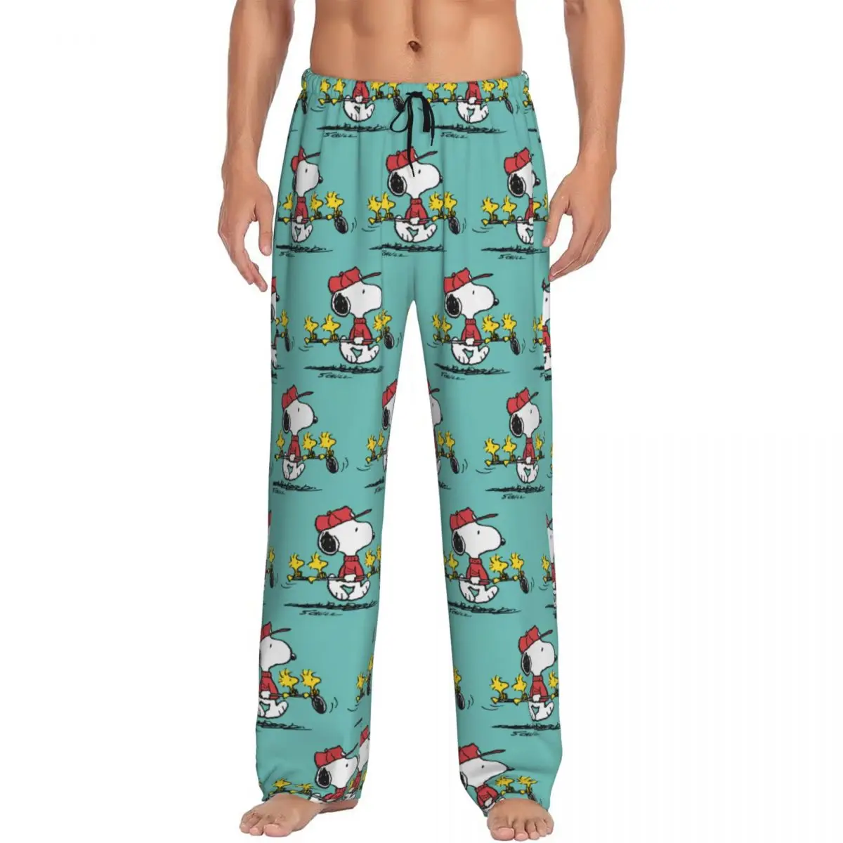 Custom Printed Men\'s Cartoon Manga Snoopy Woodstock Pajama Pants Sleepwear Sleep Lounge Bottoms with Pockets