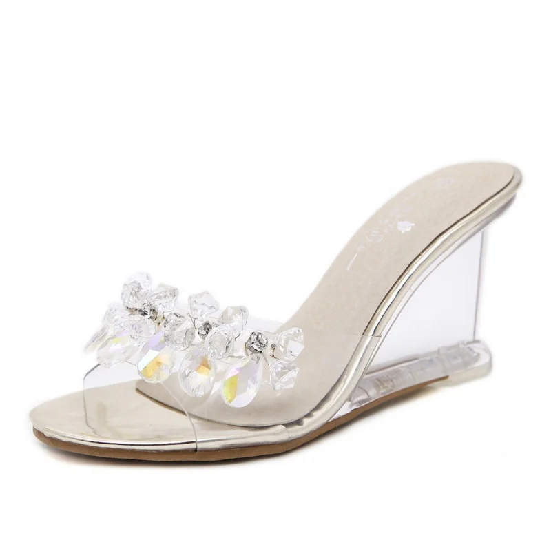 Women Crystal Slipper Wedges Sandals Female Sexy Transparent High Heels Rhinestone Womens Pumps Cute Slippers for Women Slides