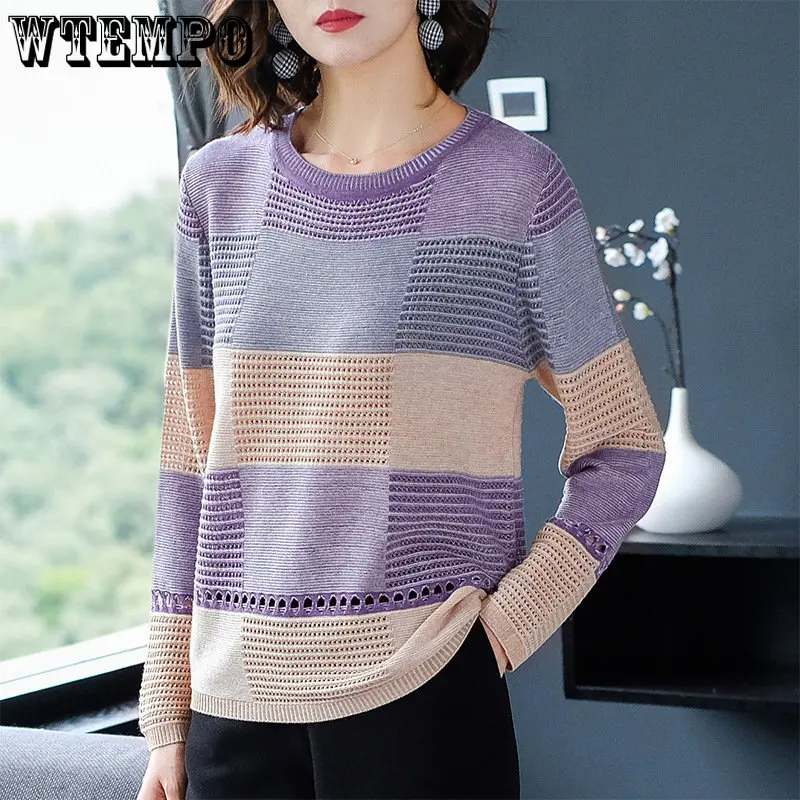 Hollow Knit Sweater Women\'s Top Colorblock Loose Striped Long Sleeve Bottoming Short Section Spring Autumn Drop Shipping