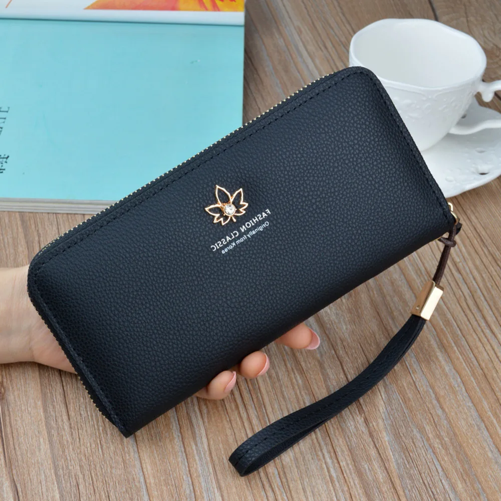 Minimalist Multi-Color Long Wallet For Women Durable Card Case With Maple Leaf Metal Detail