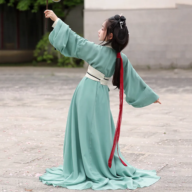 فستان الفتيات Hanfu للأطفال الدول المتحاربة الصينية القديمة رداء الأطفال الرقص التصوير الفوتوغرافي أداء زي هدية عيد ميلاد تأثيري