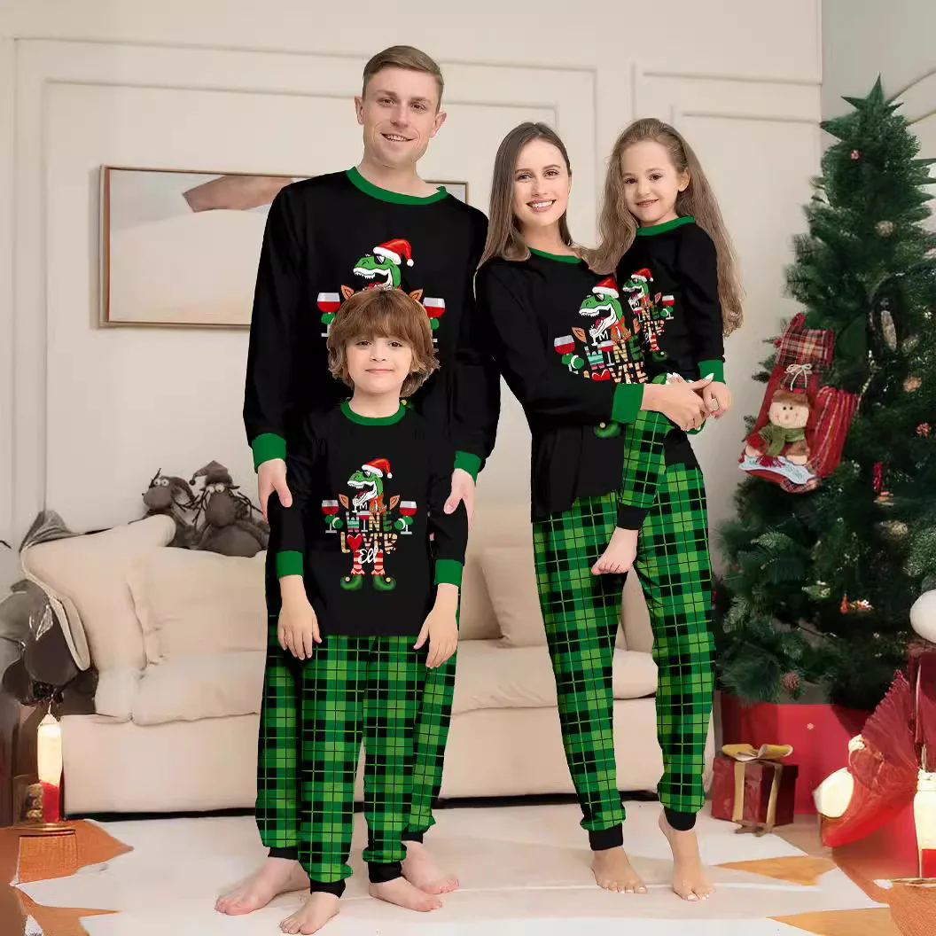 New Christmas family suit cartoon color cow head printed family suit cotton soft round neck long sleeve pajamas pants 2 sets