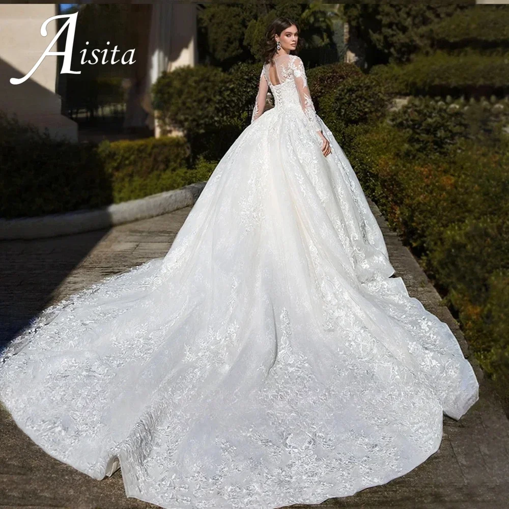 فساتين زفاف مخصصة على شكل كرة رقبة دائرية وأكمام طويلة فستان عروس على شكل حرف a دانتيل زينة فستان زفاف فيستدو دي نوفيا
