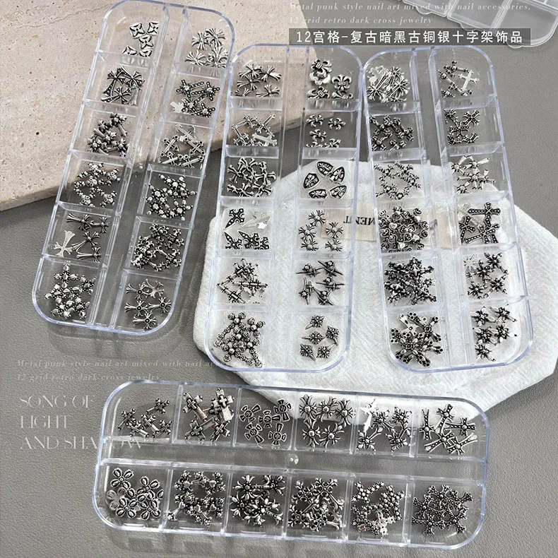 12 Fächer/60 Stück Goth-Punk-Nagelcharms, Nieten im dunklen Vintage-Stil, Kreuz-Nagelkunst-Applikationen, Y2k Premium Metall-Stil Nagel-Metalldekorationen – Detail 5