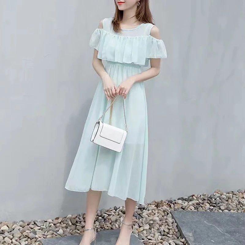 Summer New Korean Sweet Fairy Style Off Shoulder Chiffon Dress Round Neck Ruffles Fresh Solid Butterfly Sleeve Casual Dresses