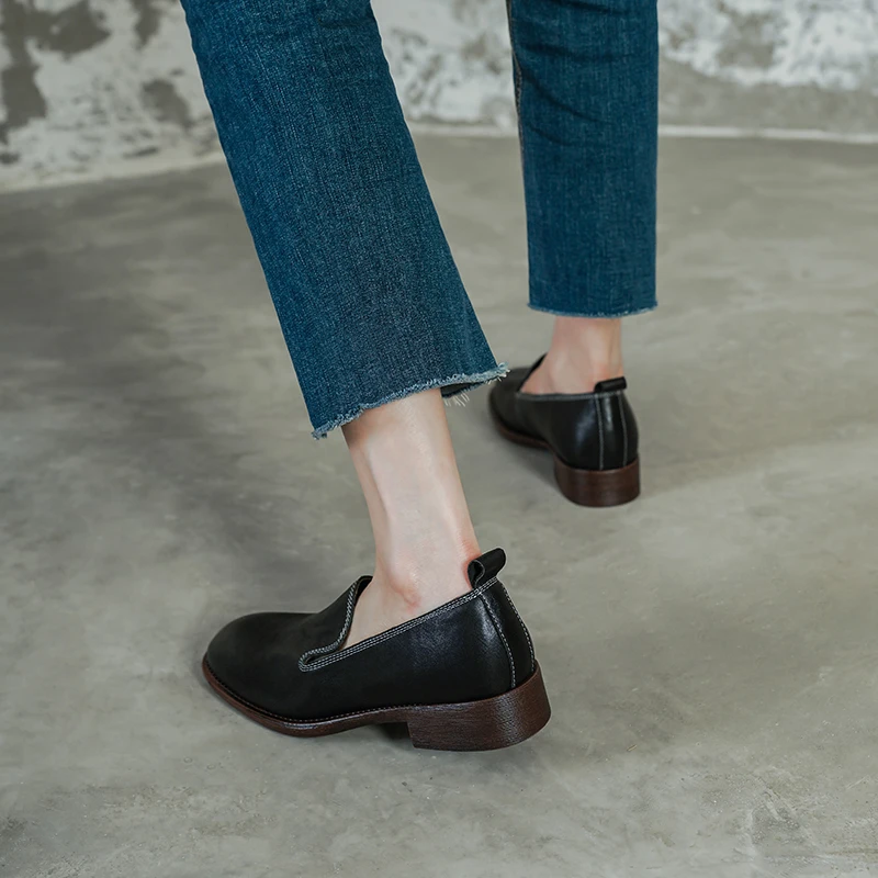 2026 new spring autumn women pumps natural leather 22-25 cm washed cowhide+sheepskin+pigskin round toe women shoes loafers