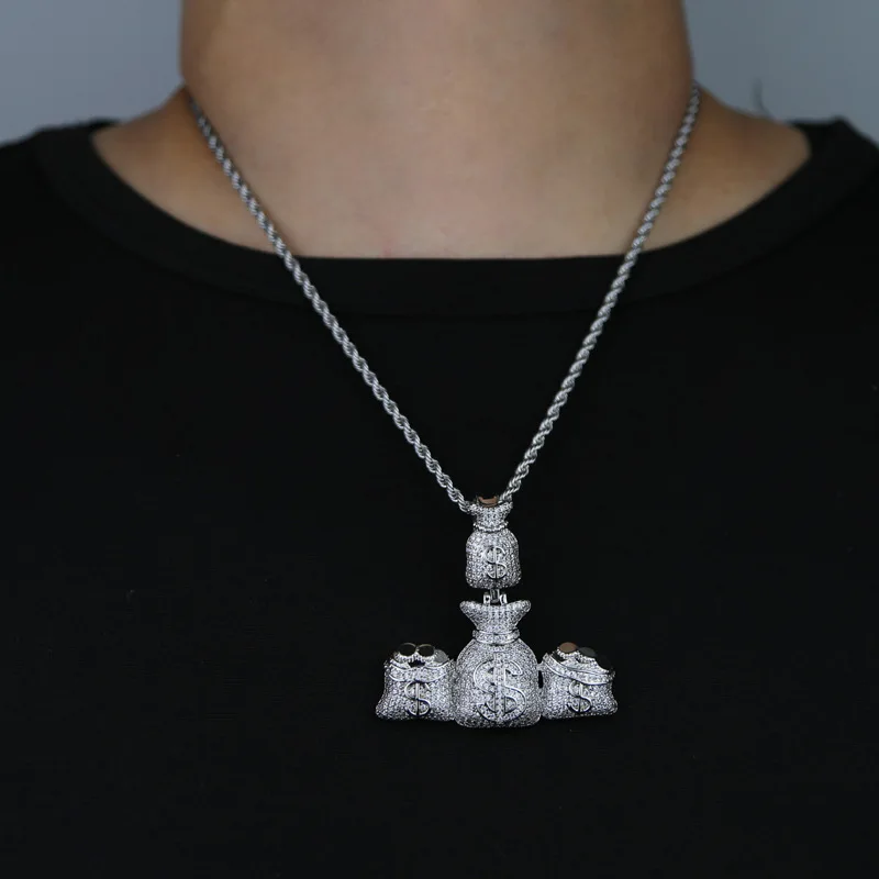 2024 New Iced Out Money Bag Pendant Necklace for Men Gold Silver Plated Prong Setting Bling Rich Charms Hip Hop Jewelry