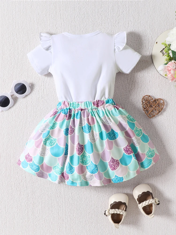 2pcs Baby Girl Summer Love Print Fly Edge Sleeve Round Neck Top Paired with Elastic Half Skirt Newborn Casual Clothing Set 6M-3Y