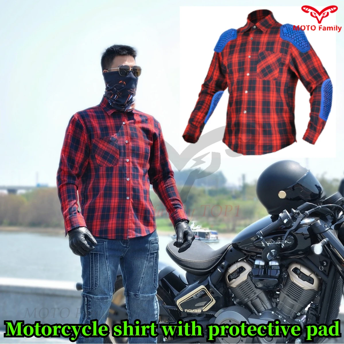 

Motorcycle riding clothes casual men's and women's retro four-season motorcycle anti-drop shirt red plaid XS-4XL