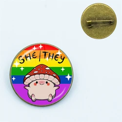 Non Binary Pride Mushroom She They Pronoun Pin Funny Vintage Glass Brooches Shirt Lapel Teacher Bag Badge Pins For Lover