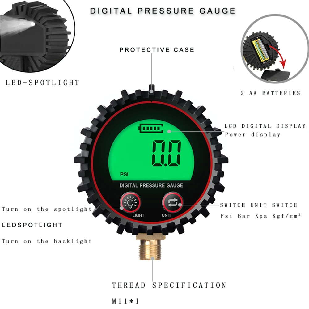 1pcs Digital Car Tire Air Pressure Inflator Gauge LCD Display LED Backlight Vehicle Tester Inflation Monitoring Barometer