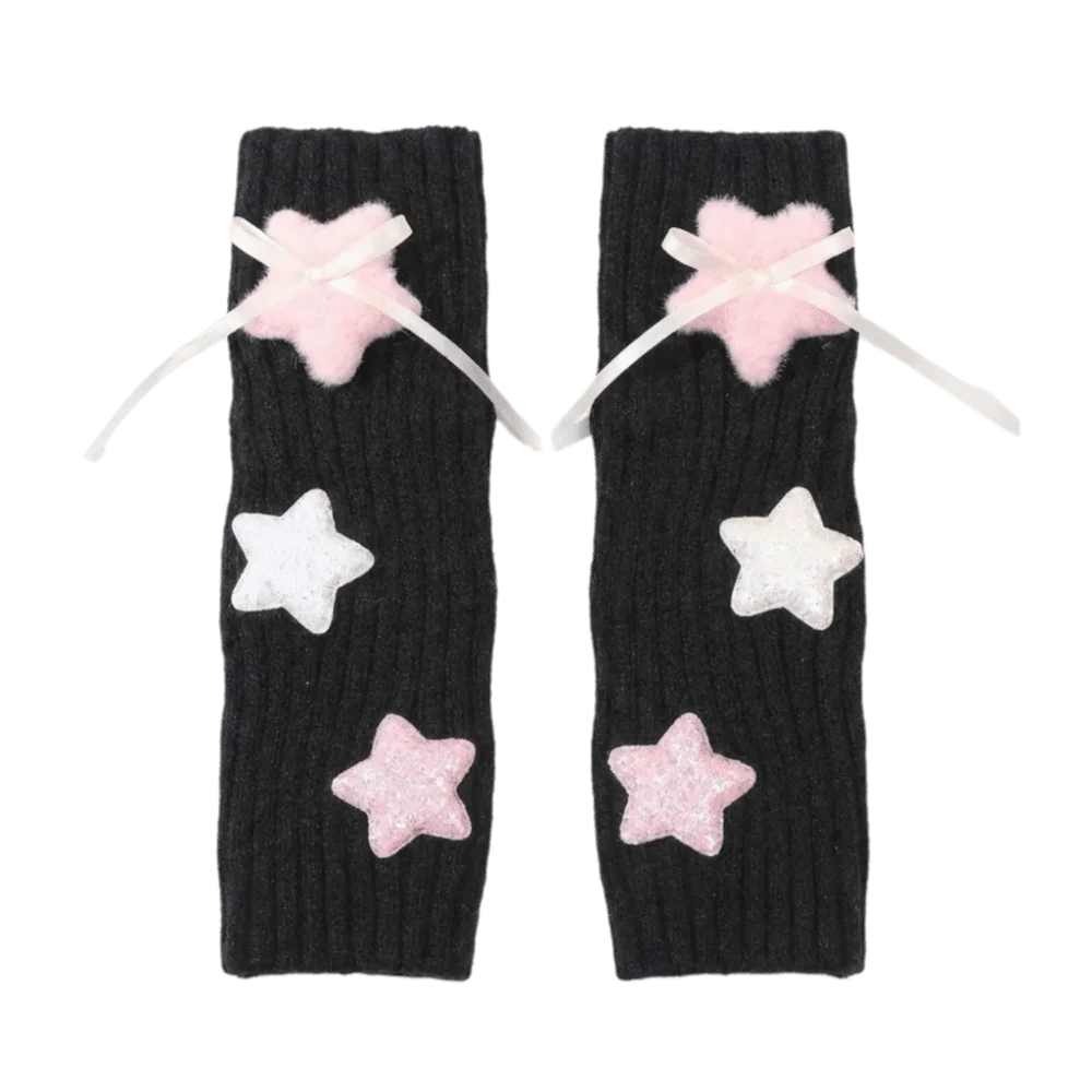 Sequin Star Decorated Fingerless Arm Covers Plush Ribbon Bow Decor Soft Knitted Arm Warmers Long Cuff Windproof Warm
