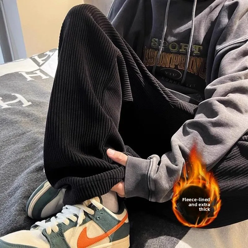 

Мужские вельветовые брюки на подкладке, прямые брюки с широкими штанинами, повседневные спортивные спортивные штаны, осень-зима, удобные брюки свободного покроя