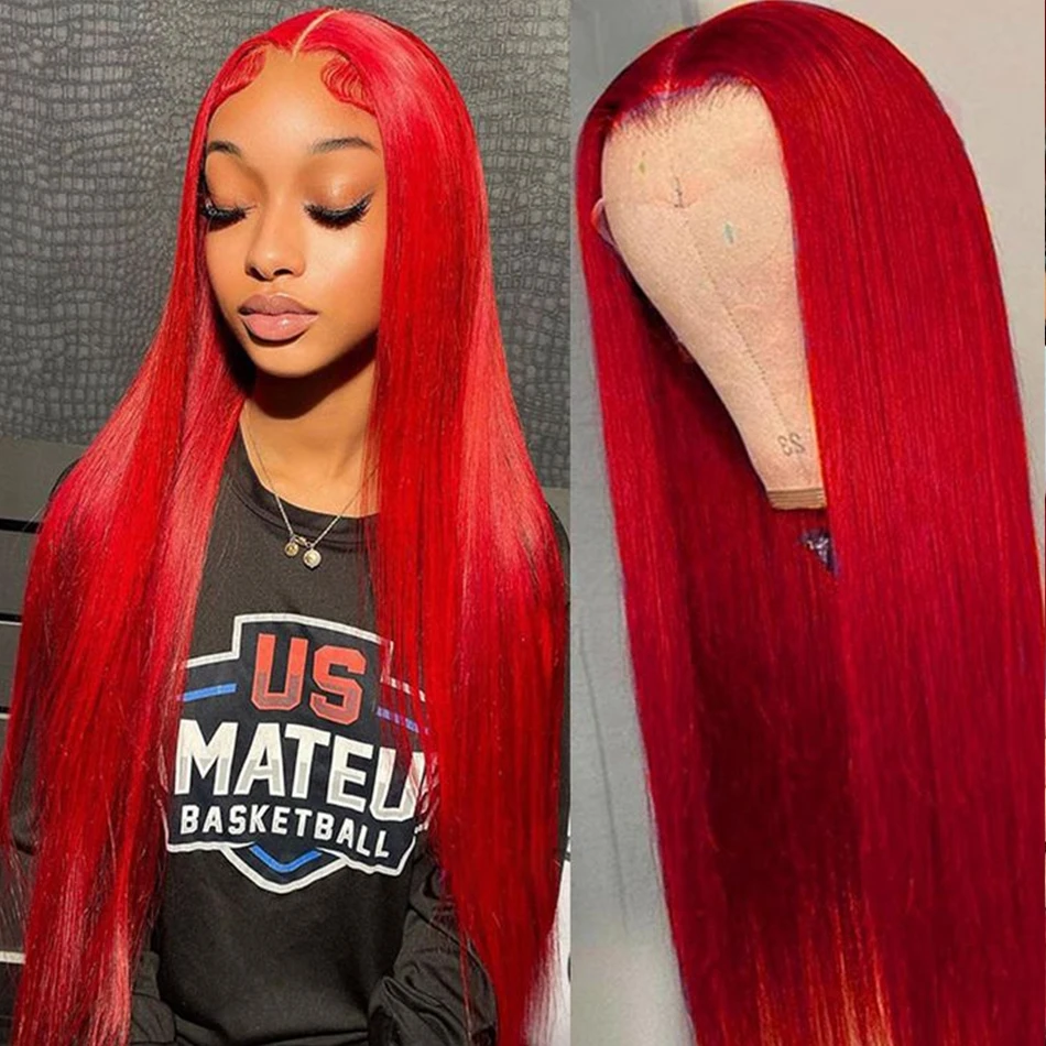 13X4 Red HD Lace Frontal Human Hair Wigs Red Colored Straight Lace Front Wig 180% Brazilian Hair Wigs For Women Pre Plucked