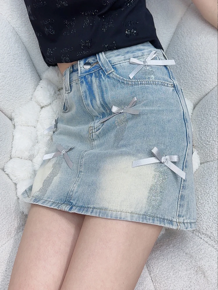 

Women Mini Skirts Chic New Denim Summer Bow 2024 Slim OL Fashion High Street Daily Mujer Casual