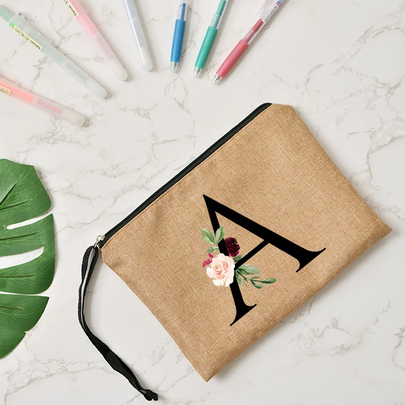 Bolsa de cosméticos con iniciales florales para mujer, bolso de viaje de lino para maquillaje, organizador de pintalabios, estuches de moda con cremallera, embrague, regalo de boda