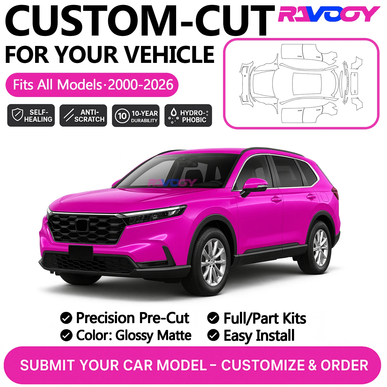 

Изготовленный на заказ комплект PPF для Honda CR-V HR-V ZR-V VEZEL XRV Breeze 2024 2025 2026, защитная пленка для краски, глянцевая матовая передняя часть, полный автомобиль