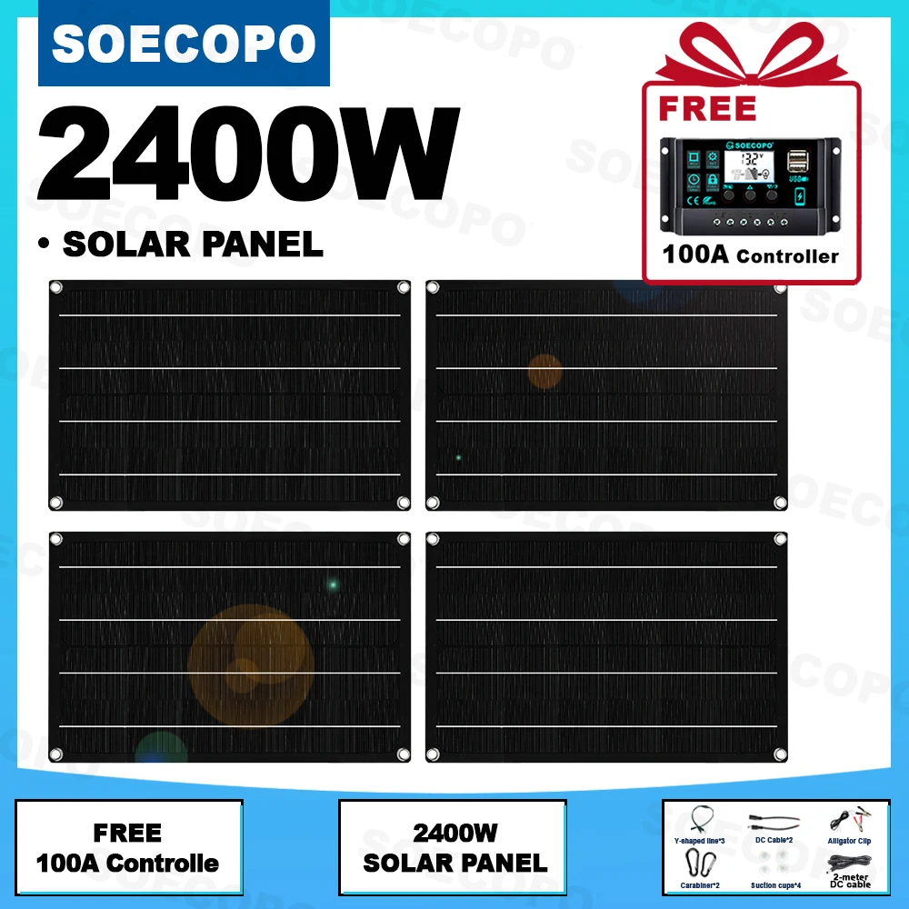 SOECOPO 2400W Portable Solar Panel Kit 4*600W Photovoltaic Panels Free 100A Controller Dual USB 5V for Camping Phone Home