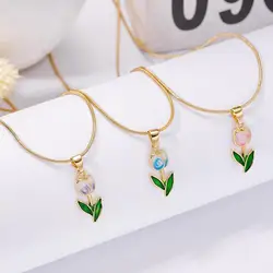 Vintage Elegant Tulip Pendant Necklace For Women Rose Crystal Zircon Tassel Clavicle Chain Choker Party Wedding Jewelry Gifts
