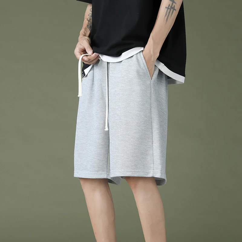 2024 Men's Korean Fashion Solid Color Sports Summer Boys Versatile Drawstring Simple Elastic Waist Pocket Loose Casual Shorts