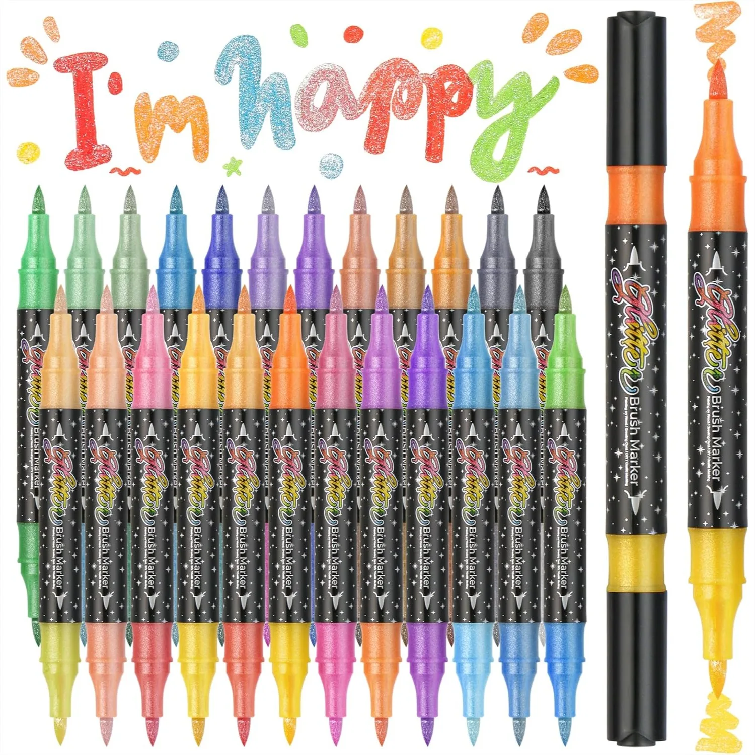 

48 Colors Dual Tip Glitter Brush Markers, 24 Pack Water-Based Ink Metallic Sparkle Pens for Doodle Writing, Art Crafts, and