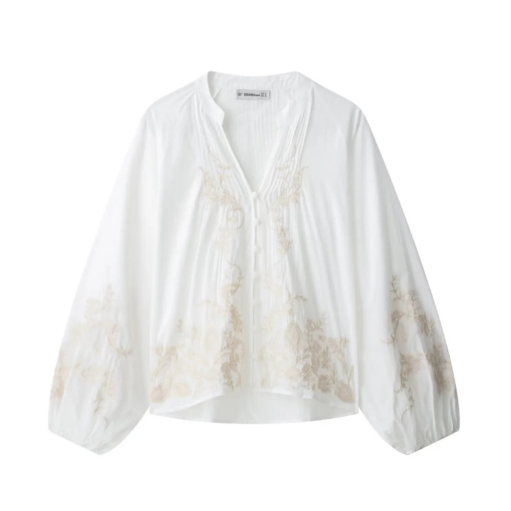 

UNIZERA Women's Seam Loose Top V-neck Long Sleeve Embroidered Button Fold Design for Spring and Summer New Style Artistic Shirt
