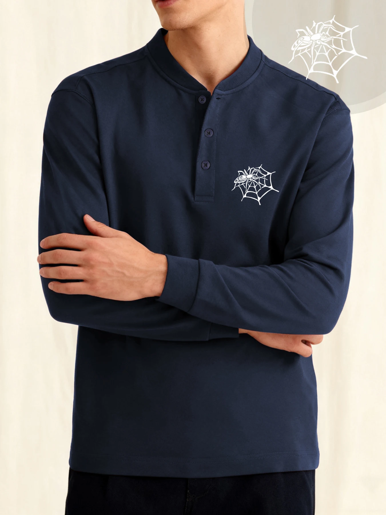 العناكب وشبكات العنكبوت الطباعة رجل هنري قميص طاقم الرقبة بلايز عادية زر الملابس الناعمة موضة الخريف الملابس الصديقة للبشرة