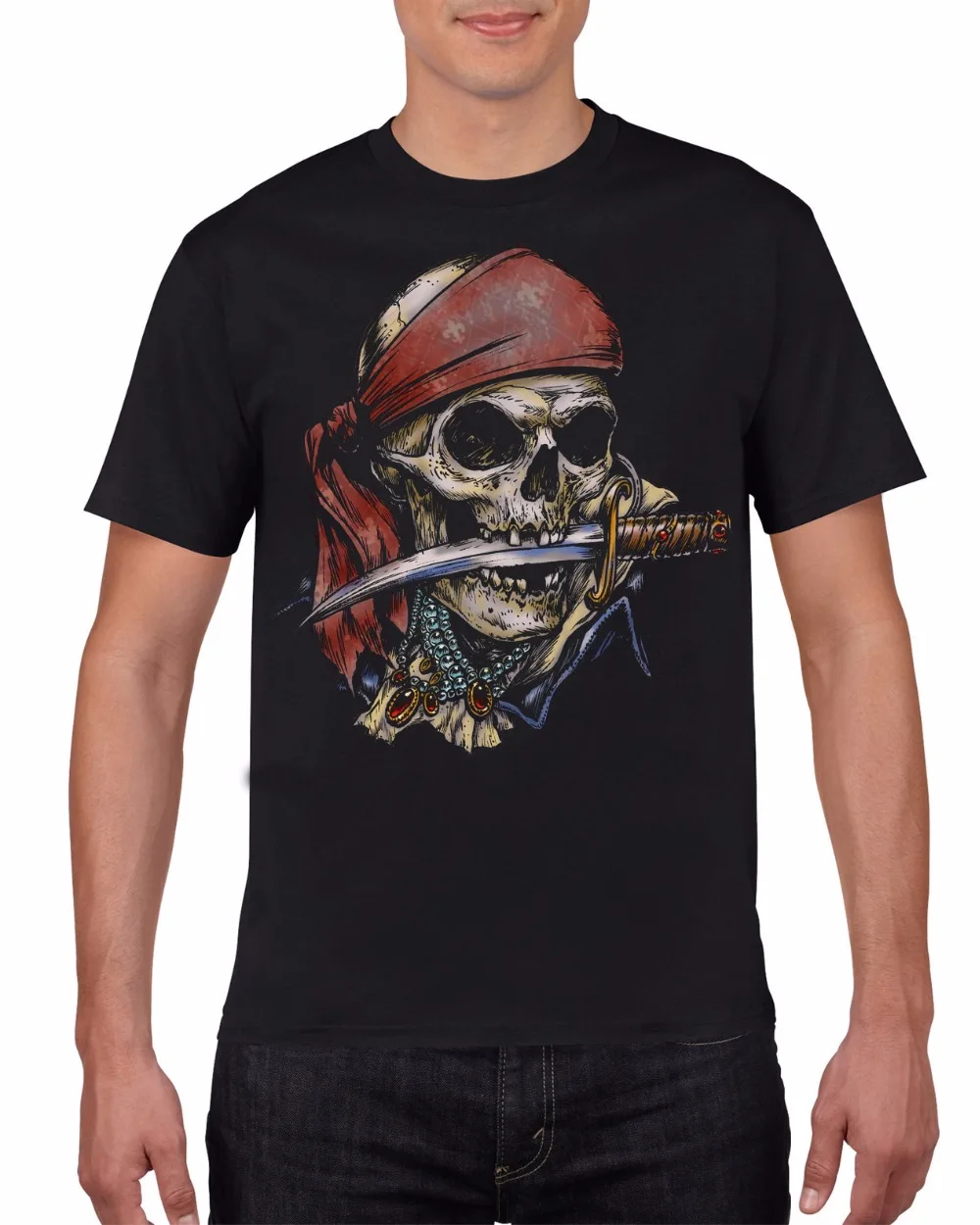 Cool Design Knife In Mouth Skull Pirate Printed T Shirt. 100% Cotton Casual Short Sleeve T-shirts Harajuku Streetwear Size S-3XL