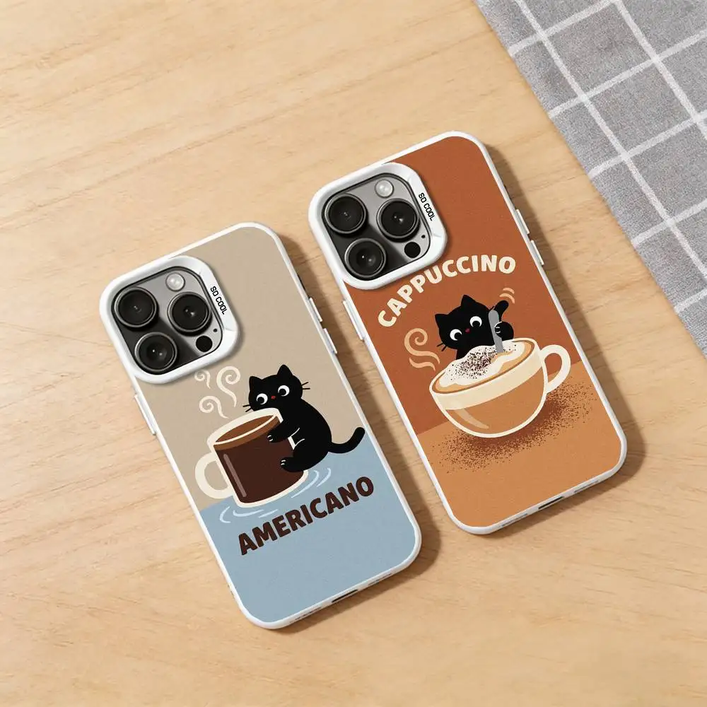 

Coffee Black Cat Cartoon Phone Case for iPhone 17 16 15 14 13 12 11 Pro Plus Max Air Mini X XS TPU Bumper
