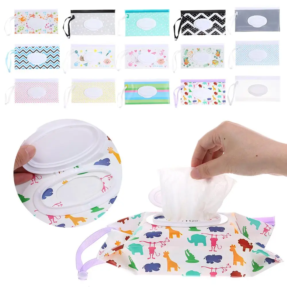 Cute Stroller Accessories Wet Wipes Bag Portable Flip Cover Tissue Box Snap-Strap Napkin Storage Boxes