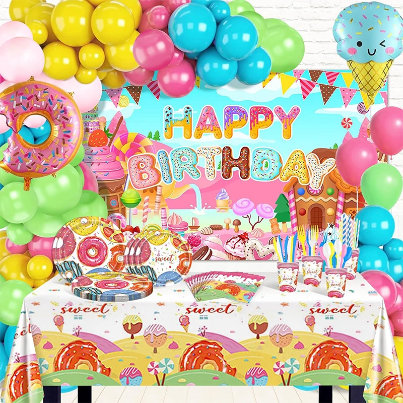 Donut Birthday Party Decorations Kit 286 PCS Candyland Party Backdrop Tablecloth Donut Balloon Garland Sweet Girl Birthday Party