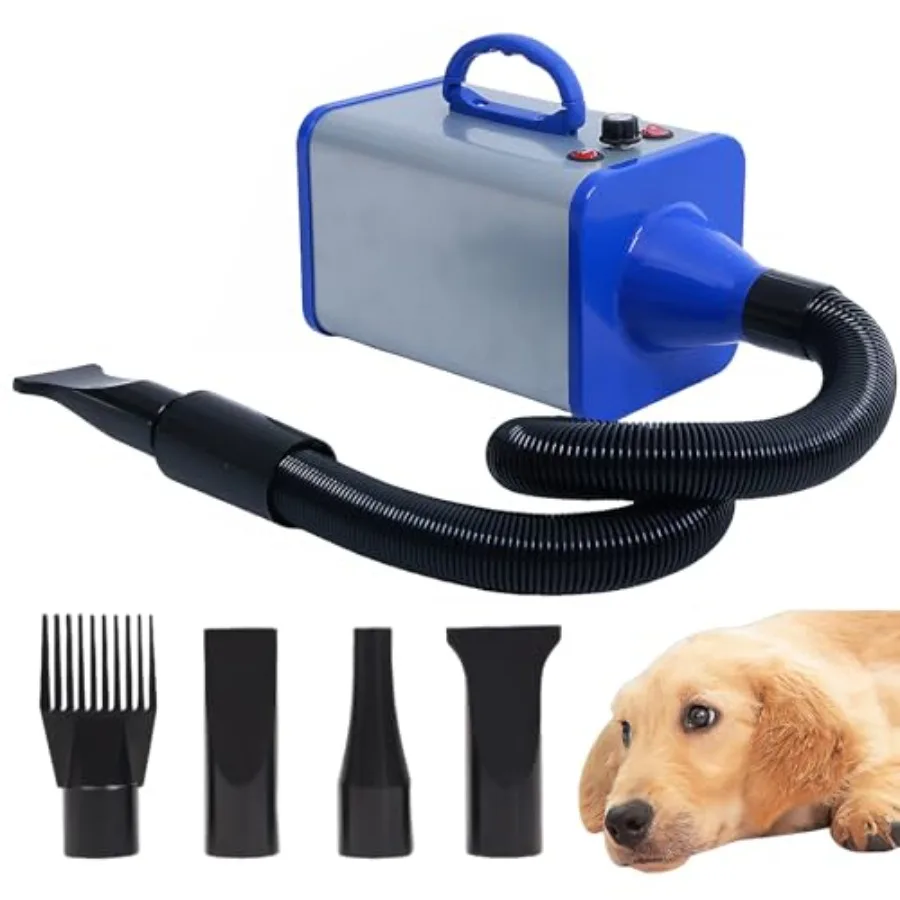 

2400W 75m/s Dog Dryer for Pet Grooming High Velocity Pet Hair Dryer with Heater Adjustable Speed 4 Nozzles and Comb Blue