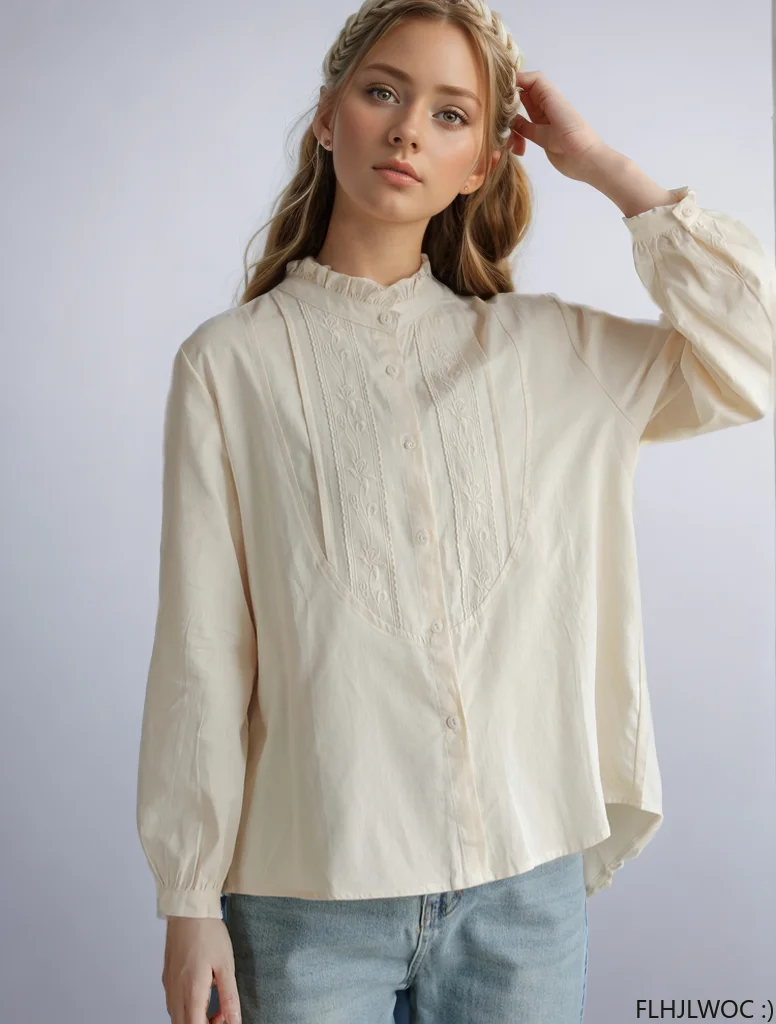 Cotton Chic Korea Cute Basic Shirt Design Women Cute Sweet Japan Girl Vintage Retro Stand Collar Ruffles Tops Blouse 2024 Autumn