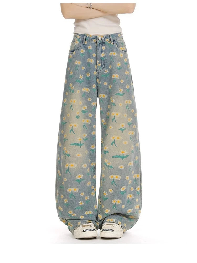 Denim jeans met chrysanthemumprint voor dames, blauwe jeans, coole meisjesbroek, casual bodems, vrouwelijke denimbroek met hoge taille en wijde pijpen