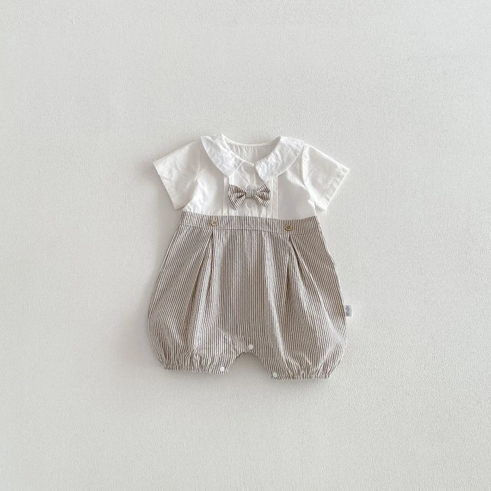0-2Years Little Gentleman Clothes Newborn Baby Boy Short Sleeve Turn Down Collar Bow Patchwork Cotton Romper Playsuit Outfits