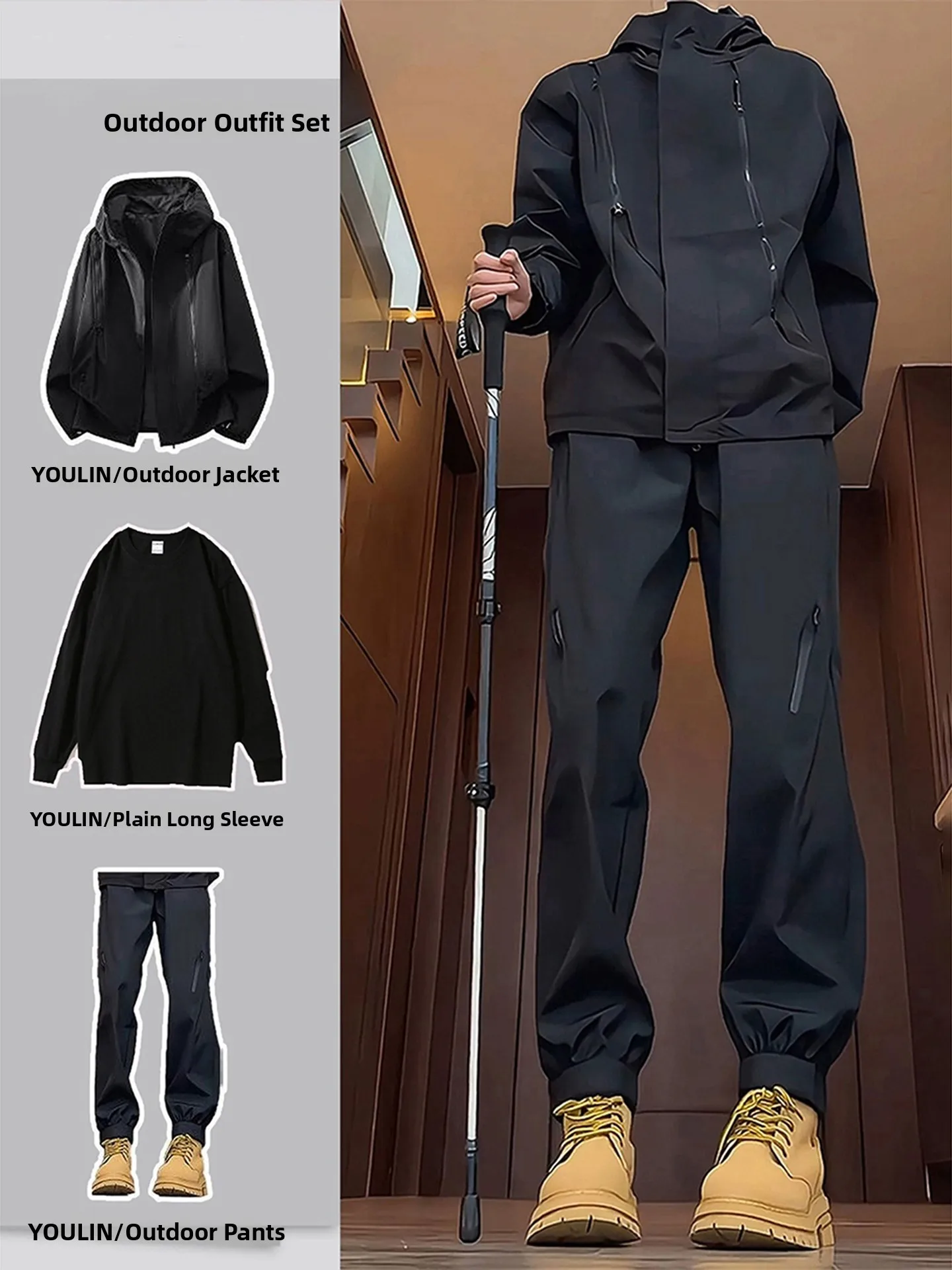 

American Sle Men's Outdoor Climbing Waterproof Jaet Set Autumn Wear Windproof Hiking Mountain Suit Bla Samurai Outfit