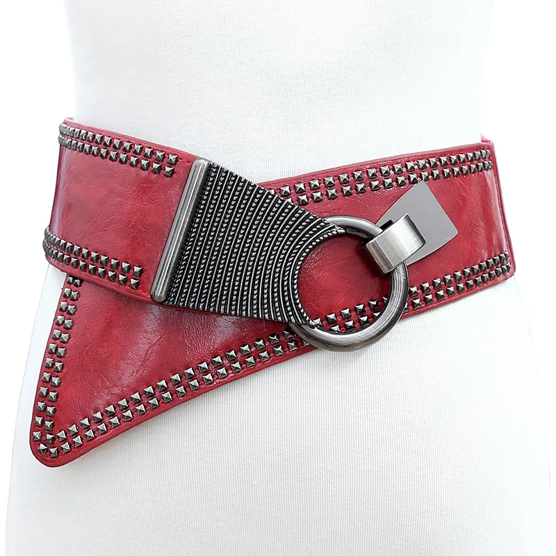 Women's Diagonal Wide Waist Seal, Black Fashion Rivet Punk Style Versatile Wide Belt with Dress Decorative Belt Waist Seal