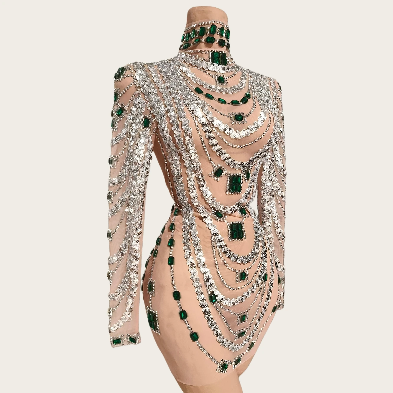 

Sparkly Green Rhinestone Silver Sequins Mini Dress Bandage Long Sleeves Cocktail Dress Elegant Women Event gig Party Outfit bixi
