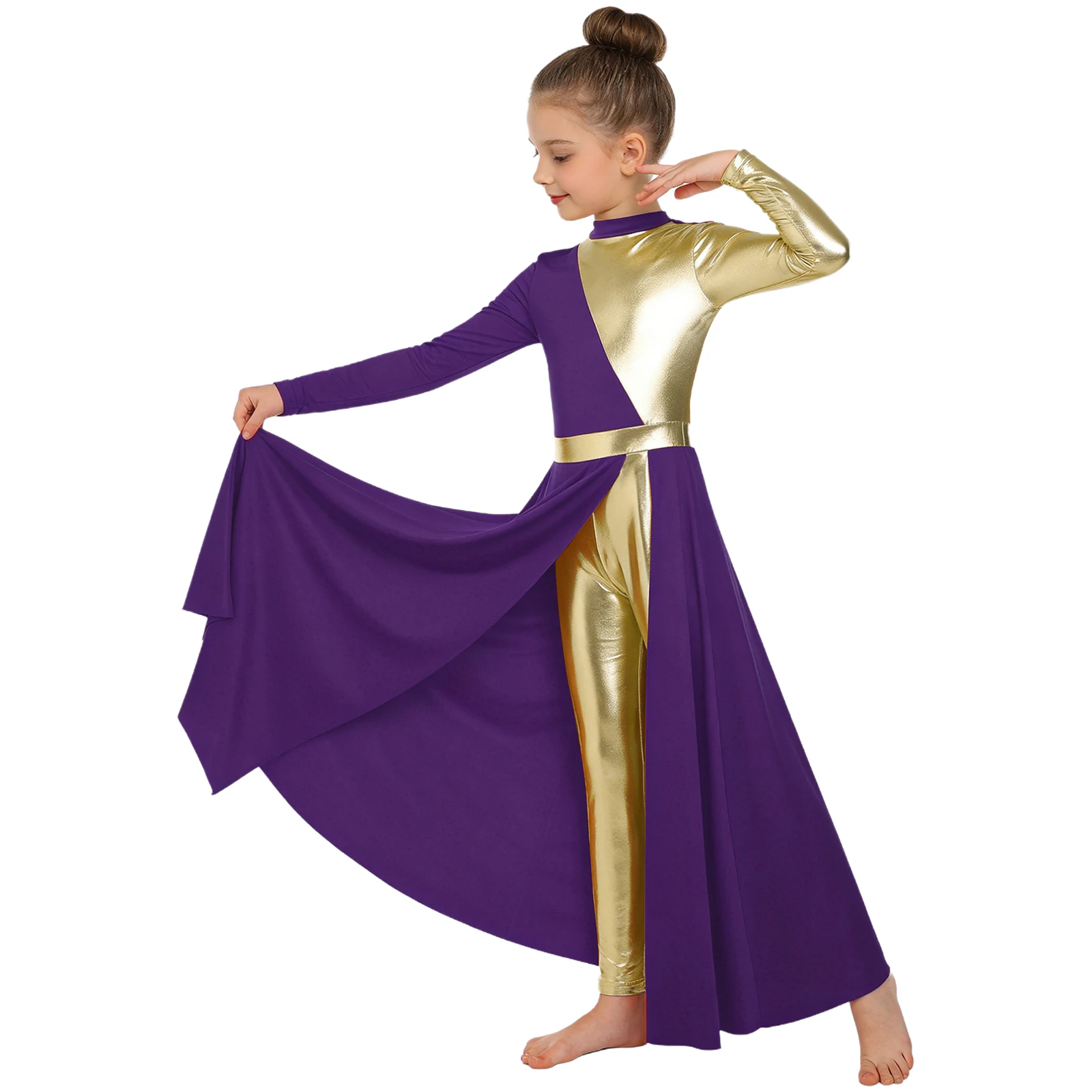 Girl Worship Liturgical Praise Dance Dress Church Choir Lyrical Contemporary Dancewear Long Sleeve Split Dress Built-in Leggings - view 2