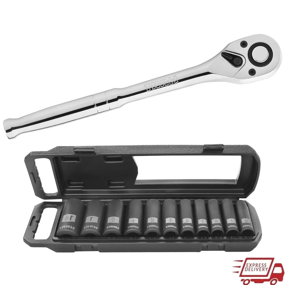 

90-Tooth 1/2-inch Drive Ratchet Chrome Vanadium Steel 11-Piece SAE Impact Socket Set Durable Deep Socket Design Lightweight