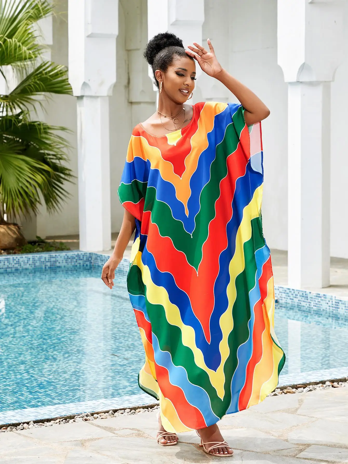 Multicolor Striped Kaftan Bohemian Printed Bikini Cover Up Batwing Sleeve Maxi BeachDress Women Beachwear Maxi Dress Robe