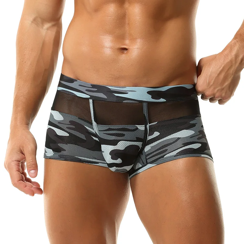 2025 Men's Sexy Underwear Mesh Transparent Camouflage Panties High Elastic Breathable Underpants U Convex Pouch Lingerie Trunks