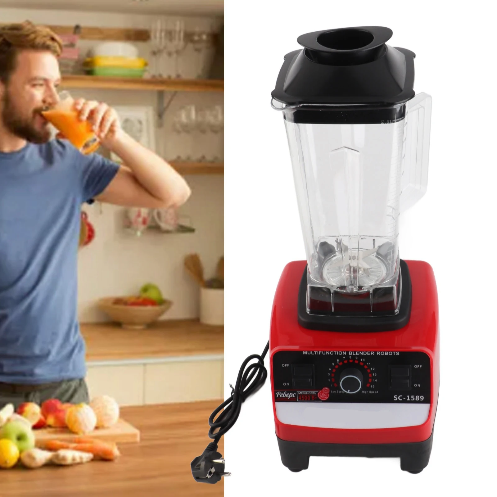 4500W Countertop Blender 2.5L 15 Speed Household Multi Function Food Processor with 6 Stainless Steel Blades for Meat Ice Fruit