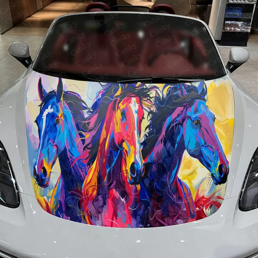 Charming Colorful Horse Car Hood Stickers - Self-Adhesive, Waterproof and Durable Vinyl Wrap, Decorate And Protect Your Car - Th