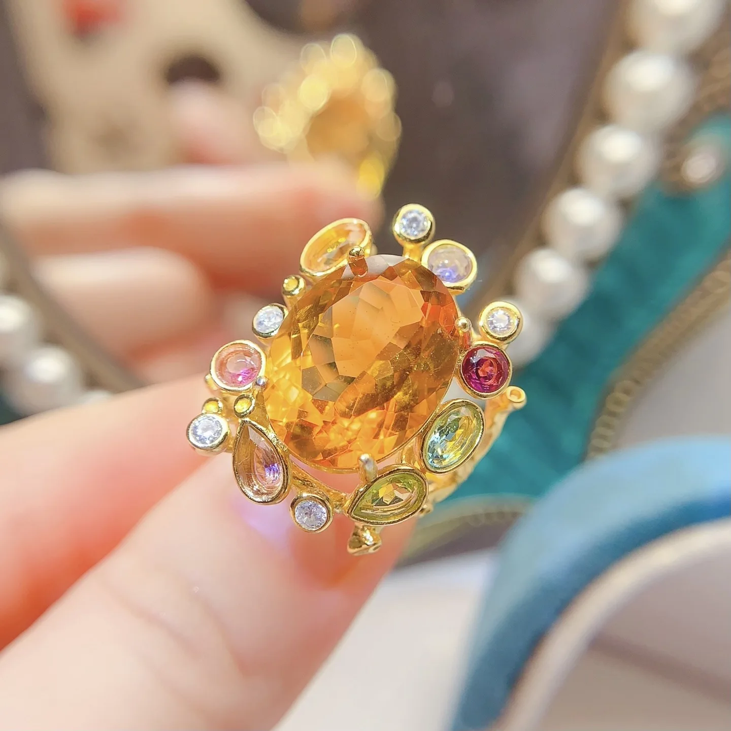Natural Citrine Ring 12*16mm Oval Stone Gold Plated S925 Silver Multi Color Gemstone Surround Adjustable Women Cocktail Jewelry