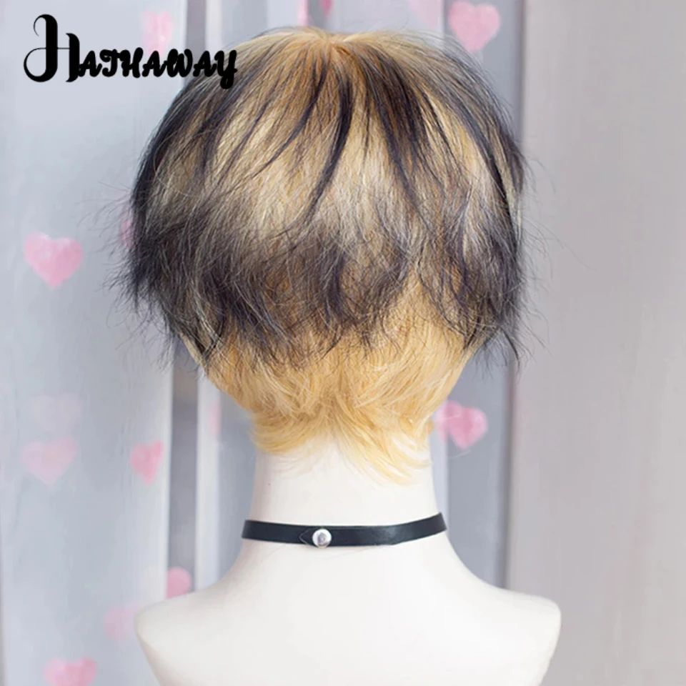 Wig sintetik rambut suhu tinggi Cosplay rambut palsu pria lapisan gradien emas rambut keriting halus penuh atas Wig animasi remaja