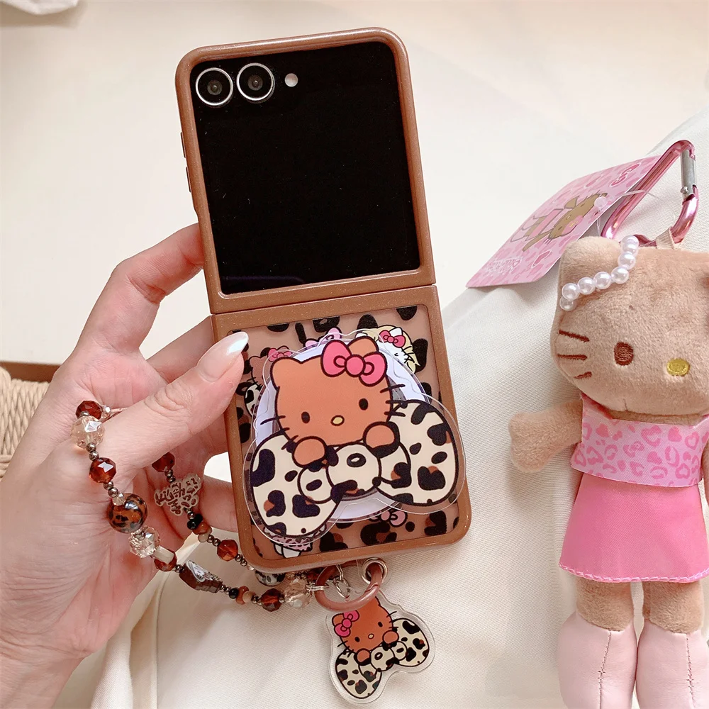 

Luxury Stylish leopard print Hellokitty magnetic stand phone case with hinge for Samsung Galaxy Z Flip 7 Flip 6 flip5 6 7 cover