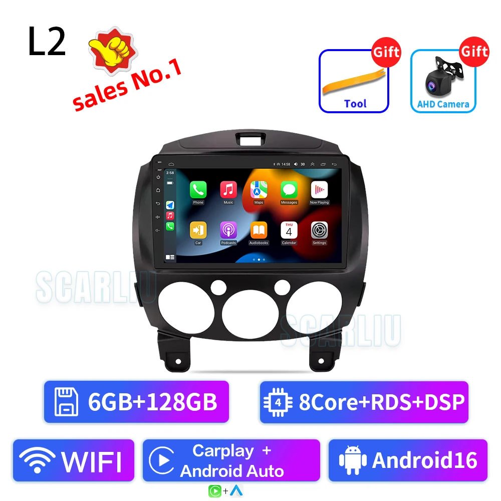 SCARLIU voor Mazda 2 2007-2014 Multimedia Video Player 4G WIFI GPS Navigatie Carplay DVD Head Unit 2 Din Android 16 Autoradio
